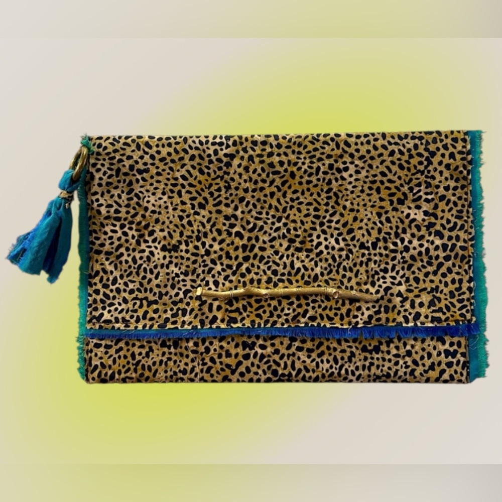 ARTIST MADE Leopard Print Clutch w/ Vibrant Blue Trim & Tassel - All Handmade!